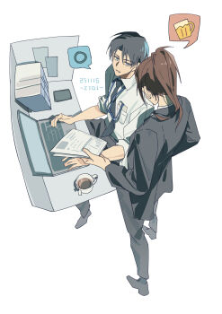 1boy 1other absurdres beer_mug black_jacket black_necktie black_pantyhose black_shoes brown_hair collared_shirt commentary computer contemporary cup dated english_commentary from_above hair_between_eyes hange_zoe highres holding holding_paper id_card jacket lanyard laptop levi_(shingeki_no_kyojin) long_hair mug necktie pantyhose paper parted_bangs parted_lips ponytail shingeki_no_kyojin shirt shoes short_hair suit_jacket white_background white_shirt working zest_(kumolyy)