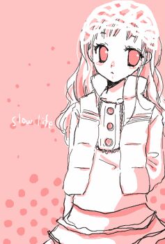 1girl :&lt; arched_bangs archived_source arm_at_side arm_behind_back buttons closed_mouth collarbone cowboy_shot english_text facing_viewer hat high_collar jaggy_lines kikuti_wataru layered_skirt long_hair long_sleeves looking_to_the_side monochrome original padded_vest pink_background pink_eyes pink_theme polka_dot polka_dot_background shadow shirt skirt solo vest wavy_hair white_hat