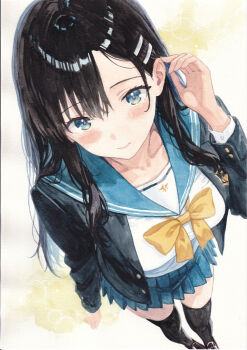 1girl black_hair blazer blue_eyes blue_sailor_collar blue_skirt blush bow closed_mouth commentary_request from_above full_body gradient_background gradient_eyes hair_between_eyes hand_up highres jacket long_hair looking_at_viewer looking_up multicolored_eyes neck_ribbon original painting_(medium) pale_skin parted_bangs pleated_skirt ribbon sailor_collar school_uniform shirt shoes sidelocks simple_background skirt smile solo standing straight_hair thighhighs traditional_media watercolor_(medium) white_shirt yoru_(watercolor_artist)