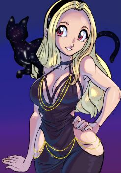 armpits bare_shoulders blonde_hair breasts cat cleavage dress dusty_(gravity_daze) gravity_daze hairband hand_on_own_hip highres kitten_(gravity_daze) large_breasts leaning_on_object long_hair red_eyes side_slit sideboob teevo