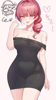 1girl absurdres arm_tattoo black_dress blush breasts cleavage collarbone commentary_request covered_navel curvy dress hair_between_eyes hair_over_one_eye heterochromia highres hololive houshou_marine large_breasts looking_at_viewer open_mouth pink_background red_eyes red_hair shio05_(05_sio) simple_background smile solo standing strapless strapless_dress tattoo teeth upper_teeth_only virtual_youtuber yellow_eyes