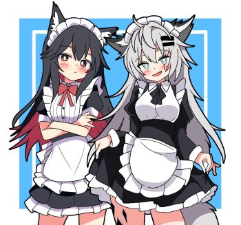 Rule 34 | 2girls, :/, alternate costume, animal ears, apron, arknights, black dress, black hair, black outline, black ribbon, blue background, blush, border, bow, bowtie, bright pupils, brown eyes, closed mouth, collared dress, colored inner hair, commentary, contrapposto, cowboy shot, crossed arms, dot nose, dress, enmaided, eyes visible through hair, fang, frilled apron, frilled dress, frills, green eyes, grey hair, grey tail, hair between eyes, hair ornament, hairclip, head tilt, hendra, highres, inset border, juliet sleeves, lappland (arknights), long hair, long sleeves, looking at viewer, maid, maid apron, maid headdress, material growth, multicolored hair, multiple girls, neck ribbon, notice lines, one-hour drawing challenge, open mouth, oripathy lesion (arknights), outline, outside border, petticoat, pleated dress, puffy short sleeves, puffy sleeves, red bow, red bowtie, red hair, ribbon, short sleeves, sidelocks, simple background, skirt hold, slip showing, smile, standing, straight hair, tail, texas (arknights), waist apron, white apron, white border, white pupils, wolf ears, wolf girl, wolf tail