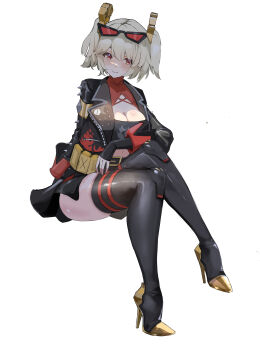 1girl absurdres black_jacket black_skirt black_thighhighs black_tube_top blonde_hair boots breasts burnice_white cleavage commentary crop_top eyewear_on_head high-waist_skirt high_heels highres invisible_chair jacket large_breasts looking_at_viewer open_clothes open_jacket orange_eyes red-tinted_eyewear revision simple_background sitting skirt smile smurtz solo strapless thigh_boots thighhighs tinted_eyewear tube_top twintails white_background zenless_zone_zero