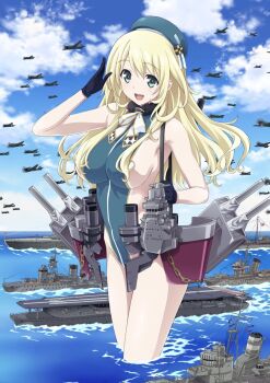 1girl adapted_costume aircraft aircraft_carrier airplane aqua_eyes armpit_crease ascot atago_(kancolle) bare_shoulders beret blonde_hair blue_gloves blue_hat blue_one-piece_swimsuit breasts commentary_request day giant giantess gloves groin hand_up hat highres kantai_collection large_breasts long_hair looking_at_viewer military_vehicle ocean one-piece_swimsuit open_mouth outdoors propeller_fighter ship sideboob sideless_swimsuit sky smile solo standing swimsuit wading warship watanabe_yoshihiro water watercraft white_ascot