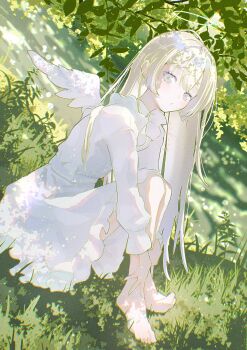 Rule 34 | 1girl, absurdres, barefoot, blonde hair, blue eyes, center-flap bangs, choker, commentary request, dappled sunlight, dress, flipped sidelocks, forest, frills, full body, grass, hair between eyes, hands on own legs, highres, light particles, long hair, long sleeves, looking at viewer, nature, nekory, on ground, original, outdoors, parted lips, signature, single wing, sitting, solo, sunlight, tree, tree shade, very long hair, white choker, white dress, wings