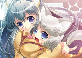 00s 2girls animal_ears blue_eyes breast_press breasts ezomori_nozomu fox_ears hug kanokon large_breasts minamoto_chizuru multiple_girls purple_eyes school_uniform serafuku shuuko silver_hair tail wolf_ears