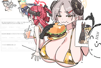 1boy 5girls :3 ^_^ akari_(blue_archive) alternate_costume bikini black_gloves black_hair blonde_hair blue_archive breasts brown_hair burger cleavage closed_eyes closed_mouth cropped_torso curled_horns dobermann doodle_inset doodle_sensei_(blue_archive) drink fang flat_chest food food_bite food_on_face fuuka_(blue_archive) gloves gold_bikini gourmet_research_society_(blue_archive) grey_hair halo haruna_(blue_archive) haruyuki_(gffewuoutgblubh) highres holding holding_drink holding_food holding_photo horns huge_breasts ibuki_(blue_archive) implied_bestiality izumi_(blue_archive) junko_(blue_archive) loli long_hair looking_at_another multiple_girls open_mouth parted_bangs photo_(object) red_eyes request_inset running sensei_(blue_archive) simple_background smirk smug swimsuit twintails v white_background yellow_eyes