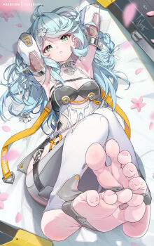 1girl armpits arms_behind_head arms_up bare_shoulders blue_eyes blue_hair blush braid braided_ponytail breasts collar commentary_request dress elbow_gloves feet flower gloves hair_ornament highres hong_(white_spider) leg_up long_hair looking_at_viewer lying medium_breasts on_back pantyhose parted_lips petals see-through_cleavage see-through_clothes seed_(zenless_zone_zero) short_dress side_slit soles solo stirrup_legwear swept_bangs toeless_legwear toes variant_set white_dress white_gloves white_pantyhose zenless_zone_zero