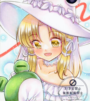 1girl alternate_costume blonde_hair blush collarbone commentary doll dress flower gloves hair_ribbon hashtag-only_commentary hat hat_flower highres holding holding_doll long_hair looking_at_viewer marker_(medium) medium_hair moriya_suwako moriya_suwako_(white_tree_frog_who_bestows_rain) nekofish666 open_mouth ribbon sidelocks smile solo stuffed_animal stuffed_frog stuffed_toy touhou touhou_lostword traditional_media twitter_username upper_body watermark white_dress white_flower white_gloves white_hat white_ribbon yellow_eyes