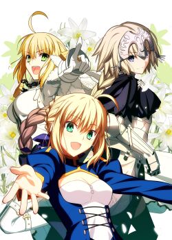 3girls absurdres ahoge armor armored_dress armored_gloves artoria_pendragon_(fate) black_socks black_thighhighs blonde_hair blue_bow blue_dress blue_eyes blue_ribbon blush bow braid braided_ponytail breasts chain cleavage closed_mouth covered_erect_nipples dress fate/apocrypha fate/extella fate/extella_link fate/extra fate/extra_ccc fate/extra_ccc_fox_tail fate/stay_night fate_(series) female_focus flower gloves green_eyes hair_bow hair_bun hair_ribbon headpiece highres jewelry large_breasts lily_(flower) lock long_hair long_sleeves looking_at_viewer medium_hair multiple_girls nero_claudius_(bride)_(fate) nero_claudius_(fate) nero_claudius_(fate/extra) no_bra official_art open_mouth outstretched_arms outstretched_hand pants pointing pointing_at_viewer puffy_sleeves purple_dress purple_eyes purple_skirt ribbon ring saber_(fate) scan sexually_suggestive single_hair_bun skirt small_breasts smile socks takeuchi_takashi teeth textless_version thighhighs type-moon upper_teeth_only very_long_hair wedding_dress white_dress white_flower white_gloves white_pants zettai_ryouiki zipper
