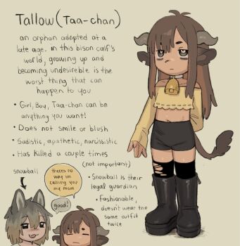 Rule 34 | 1girl, 1other, :3, = =, animal ears, antenna hair, arm at side, arm behind back, bags under eyes, bell, black boots, black eyes, black shorts, black thighhighs, blank stare, blush, boots, brown hair, cat ears, cat girl, character name, choker, collarbone, colored inner hair, commentary, cow ears, cow tail, cowbell, crop top, english commentary, english text, expressionless, fang, frilled shirt, frills, grey background, grey eyes, high-waist shorts, highres, knee boots, long hair, medium hair, multicolored hair, multiple views, navel peek, neck bell, notched ear, off-shoulder shirt, off shoulder, original, parted bangs, platform boots, reference sheet, ringed eyes, shiny forehead, shiny skin, shirt, short eyebrows, short shorts, shorts, sidelocks, simple background, sleeves past wrists, snowball (snugglepuff28), snugglepuff28, speech bubble, standing, tail, tallow (snugglepuff28), thighhighs, torn clothes, torn thighhighs, white choker, yellow shirt
