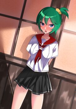 1girl absurdres arms_behind_back ashikoshi_jakushi black_skirt blue_eyes blush dutch_angle green_hair hair_ornament hair_scrunchie highres indoors jikkyou_powerful_pro_yakyuu nanashima_asami neckerchief open_mouth pleated_skirt power_pro_kun_pocket power_pro_kun_pocket_13 red_neckerchief red_sailor_collar sailor_collar school_uniform scrunchie shirt short_hair short_sleeves skirt solo sweatdrop white_shirt