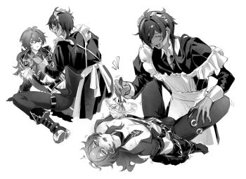 2boys alternate_costume apron blush bulge closed_eyes commentary_request crossdressing crossdressing_(mtf) dark-skinned_male dark_skin diluc_(genshin_impact) enmaided eyepatch genshin_impact greyscale highres inseki kaeya_(genshin_impact) maid maid_apron maid_headdress male_focus male_maid monochrome multiple_boys nipple_stimulation open_clothes open_mouth open_shirt simple_background teeth tongue upper_teeth_only white_background yaoi zehuij