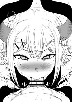 1boy 1girl absurdres bar_censor blush censored commentary_request fellatio gloves greyscale hair_ornament hairclip hetero highres horns kaiman_garupan levi_elipha monochrome motion_lines nijisanji oral penis pov pov_crotch solo_focus steam sweat virtual_youtuber