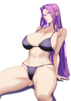 1girl bare_shoulders bikini blueorca breasts cleavage fate/stay_night fate_(series) glasses highres large_breasts long_hair medusa_(fate) medusa_(rider)_(fate) navel parted_bangs purple_eyes purple_hair sitting solo swimsuit thighs