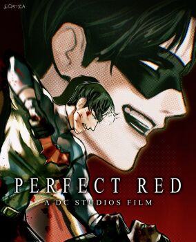 bat_signal batman_(series) batman_symbol black_bodysuit black_gloves black_hair blood blood_on_face blue_eyes bodysuit dc_comics derivative_work domino_mask eye_mask gloves grey_bodysuit highres jason_todd male_focus mask multicolored_bodysuit multiple_boys muscular muscular_male pants perfect_blue red_hood_and_the_outlaws redrawn short_hair smile superhero_costume taut_bodysuit two-tone_bodysuit xiyattica