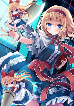 1girl absurdres alice_margatroid apron axe blonde_hair blue_dress blue_eyes blush book bow capelet closed_mouth commentary_request dress frilled_hairband frilled_sash frills grimoire_of_alice hairband highres holding holding_axe holding_book jewelry kasane_(cynthia) lolita_hairband looking_at_viewer puffy_short_sleeves puffy_sleeves puppet_rings puppet_strings red_hairband ring sash shanghai_doll short_hair short_sleeves smile solo touhou waist_apron weapon white_capelet wrist_cuffs