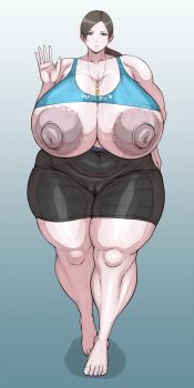 1girl barefoot breasts breasts_out cameltoe censored covered_navel curvy female_focus full_body gigantic_breasts hand_on_own_hip highres huge_nipples long_hair looking_at_viewer mosaic_censoring nintendo pale_skin ponkotsu_(robolobo4956) solo thick_thighs thighs undersized_clothes whistle wide_hips wii_fit wii_fit_trainer wii_fit_trainer_(female)