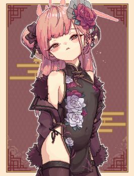 1girl 2049_(hh5566) animated animated_gif aru_(blue_archive) black_dress black_thighhighs blue_archive blush breasts brown_coat brown_eyes brown_horns china_dress chinese_clothes coat covered_navel cowboy_shot demon_horns dress flower fur-trimmed_coat fur_trim hair_flower hair_ornament halo horns loli long_hair looking_at_viewer parted_lips pink_hair pink_halo pixel_art red_flower small_breasts solo thighhighs
