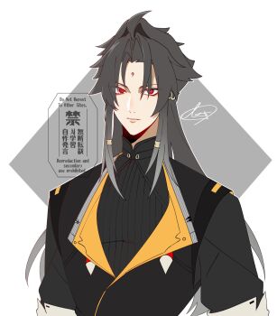 Rule 34 | 1boy, black hair, black jacket, chinese clothes, closed mouth, droopy ears, facial mark, forehead mark, grey background, highres, jacket, long hair, looking at viewer, male focus, no910 zzz, parted bangs, red eyes, signature, solo, transformation, upper body, v-shaped eyebrows, white background, ye shiyuan, zenless zone zero