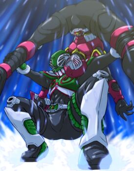 Rule 34 | 2012, 2boys, armor, belt, bodysuit, chameleon, fighting, green armor, helmet, kamen rider, kamen rider raia, kamen rider ryuki (series), kamen rider verde, kinniku buster, leg grab, male focus, mask, masked, masked male, multiple boys, pink armor, pose request, squatting, stingray, visor (armor), wrestling
