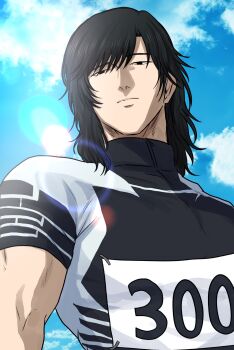 Rule 34 | 1boy, black hair, blue sky, closed mouth, cloud, commentary request, from below, highres, hyakuemu, male focus, medium hair, nusushito, race bib, sky, solo, track uniform, upper body, zaitsu (hyakuemu), zipper, zipper pull tab