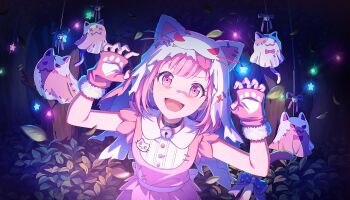 Rule 34 | 1girl, :3, :d, animal ears, arms up, back bow, bell, black choker, blue bow, blunt bangs, bow, breasts, buttons, cat ears, cat tail, choker, claw pose, collared shirt, colorful palette, cropped torso, dot nose, dress, fingerless gloves, forest, fur-trimmed gloves, fur trim, game cg, ghost costume, gloves, glowing, highres, jingle bell, looking at viewer, multicolored bow, multicolored nails, nature, neck bell, night, official alternate costume, official art, ootori emu, open mouth, outdoors, pink dress, pink eyes, pink gloves, pink hair, pink nails, polka dot, polka dot bow, project sekai, purple bow, purple nails, shirt, short hair, short sleeves, small breasts, smile, solo, star (symbol), tail, tail ornament, third-party source, tongue, tongue out, tree, upper body, v-shaped eyebrows, whiskers, white shirt, wonderhorror~!? na kimodameshi! (project sekai), x x