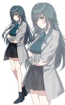 1girl absurdres black_shirt black_shoes black_skirt breasts coat commentary_request full_body gakuen_idolmaster go-1 green_eyes green_hair grey_coat hair_flaps highres idolmaster jacket long_hair long_sleeves looking_at_viewer plaid_clothes plaid_coat plaid_jacket shirt shoes simple_background skirt solo standing thighs tsukimura_temari white_background zoom_layer