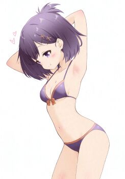 1girl armpits arms_behind_head arms_up bare_arms bare_legs bare_shoulders bikini blush breasts cleavage closed_mouth collarbone cowboy_shot gabriel_dropout hair_ornament hairclip highres hitorilily medium_breasts medium_hair navel purple_bikini purple_eyes purple_hair short_hair simple_background solo stomach swimsuit thighs vignette_tsukinose_april white_background x_hair_ornament