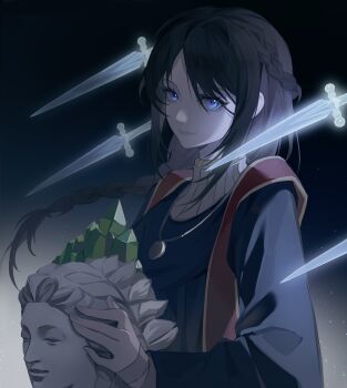 1girl absurdres black_background black_robe blue_eyes braid brown_hair bust_(sculpture) character_request chinese_commentary closed_mouth commentary_request crystal dagger elden_ring endoftheworld600 eyelashes fingernails floating floating_object gem gradient_background green_gemstone hair_between_eyes half_up_half_down_braid happy highres holding knife layered_sleeves light_persona lips long_hair long_sleeves looking_at_viewer low_twin_braids medallion pink_lips robe sleeves_past_wrists smile solo stole sweater swept_bangs turtleneck turtleneck_sweater twin_braids two-tone_background upper_body weapon white_background white_sweater