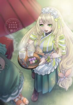 2girls :d absurdres artist_name blonde_hair blue_hair boots bow braid brown_boots butterfly_hair_ornament celine_(fire_emblem) chloe_(fire_emblem) commentary_request cup dango fire_emblem fire_emblem_engage food green_bow green_eyes hair_bow hair_ornament hakama hakama_skirt headdress highres holding holding_tray japanese_clothes long_hair looking_at_viewer looking_up lower_teeth_only multiple_girls nekoyashiki_08 nintendo open_mouth out_of_frame sanshoku_dango short_sleeves skirt smile solo_focus tea teeth tray twin_braids twitter_username very_long_hair wagashi wrist_bow