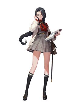 1girl absurdres adela_gro artist_request bag bell black_hair black_shoes black_socks black_survival book braid braided_ponytail closed_mouth commentary english_commentary glasses grey_eyes highres holding holding_book official_art satchel shoes skirt socks solo standing third-party_source transparent_background