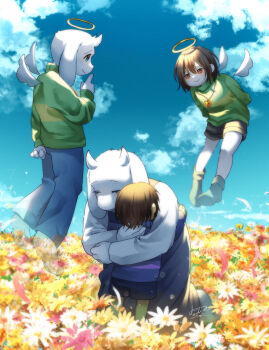 1boy 1girl 2others absurdres angel_wings asriel_dreemurr asriel_dreemurr_(god_of_hyperdeath) blue_eyes blue_pants blue_sweater brown_eyes chara_(undertale) cloud cloudy_sky field finger_to_mouth flower flower_field frisk_(undertale) goat_boy goat_girl green_sweater halo highres hug multiple_others pants purple_vest shushing sky smile sweater toriel undertale utdr_(toby_fox) vest white_sleeves wings yoshino_(q_sci)