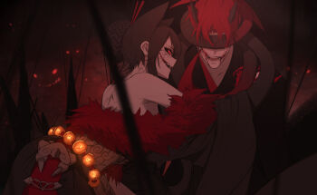 1boy 1girl adam_taurus animal_ears bead_belt black_hair blake_belladonna blood braid bull_horns cat_ears colored_sclera corruption dishwasher1910 facial_scar glasgow_smile grimm_(rwby) japanese_clothes japanese_urban_legends kimono pale_skin red_eyes red_hair red_sclera rwby scar scar_on_cheek scar_on_face sharp_teeth smile teeth tentacles torture yandere