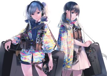 Rule 34 | 2girls, black hair, blue eyes, blue hair, brown gloves, cable, camera, camouflage, coat, computer mouse, cowboy shot, drawing tablet, drawstring, dress, facing viewer, gloves, headphones, headset, highres, holding, long sleeves, looking at viewer, multicolored coat, multiple girls, open clothes, open coat, original, parted lips, partially fingerless gloves, puffy long sleeves, puffy sleeves, razer, razer orbweaver, short hair, short twintails, shorts, simple background, single glove, sousou (sousouworks), speaker, standing, strap, sweater, swept bangs, tagme, twintails, wacom, white background, white dress