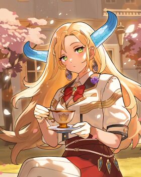 Rule 34 | 1girl, amano mikoto, blonde hair, blue horns, commentary request, cup, dragon girl, dragon horns, dragon musume ni naritakunai!, duel masters, earrings, green eyes, hair ornament, holding, holding cup, holding plate, horns, jewelry, long hair, official art, pantyhose, petals, plate, red skirt, saitou naoki, shirt, sitting, skirt, solo, striped clothes, striped pantyhose, teacup, vertical-striped clothes, vertical-striped pantyhose, white pantyhose, white petals, white shirt