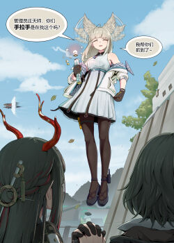 Rule 34 | 3girls, absurdres, anglediana, animal ears, arknights, arknights: endfield, bird ears, bird girl, black gloves, black pantyhose, blue sky, chinese text, commentary request, dress, endministrator (arknights), female endministrator (arknights), gloves, grey hair, highres, jacket, long hair, multicolored gloves, multiple girls, off shoulder, open clothes, outdoors, pantyhose, perlica (arknights), sky, sleeveless, sleeveless dress, speech bubble, translation request, two-sided gloves, two-tone gloves, white dress, white jacket, yellow gloves, zhuang fangyi (arknights)