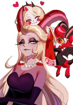 Rule 34 | 2girls, :3, ;), ^ ^, aged down, black dress, black gloves, black horns, black lips, blonde hair, breasts, brown eyeshadow, character request, charlie morningstar, circle facial mark, cleavage, closed eyes, closed mouth, colored sclera, commentary request, demon girl, demon horns, demon wings, dress, elbow gloves, eyelashes, facial mark, flying sweatdrops, gloves, hair slicked back, hazbin hotel, heart, hellaverse, highres, horns, jewelry, large breasts, large horns, lilith (hazbin hotel), long hair, long sleeves, mimiiri, mother and daughter, multiple girls, musical note, musical note print, necklace, one eye closed, oversized clothes, oversized shirt, pearl necklace, purple eyes, red eyes, red horns, red shirt, see-through clothes, see-through shirt, shirt, simple background, smile, strapless, strapless dress, upper body, very long hair, white background, wings, yellow sclera