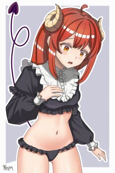 1girl absurdres ahoge bib_collar black_panties blush border commentary_request cosplay cowboy_shot curled_horns demon_girl demon_horns demon_tail downturned_eyes eyelashes f0rum7v film_grain frilled_panties frilled_sleeves frills furrowed_brow gluteal_fold grey_background hair_between_eyes hand_up highres horns long_hair long_sleeves looking_down machikado_mazoku navel open_mouth outline outside_border panties puffy_long_sleeves puffy_sleeves red_hair rizu-kyun rizu-kyun_(cosplay) russian_commentary shiny_skin sidelocks signature simple_background solo sono_bisque_doll_wa_koi_wo_suru stomach tail tail_raised underwear white_border white_outline yoshida_yuuko