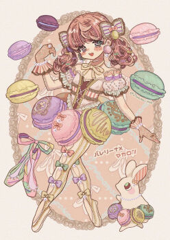 1girl :d artist_name ballerina ballet_slippers blush bow breasts brown_background brown_gloves brown_hair choker cleavage food frills gloves hair_bow hand_up highres macaron macaron_earrings open_mouth original pantyhose rabbit ribbon short_sleeves slippers small_breasts smile solo standing twintails unworn_slippers usahiko_noe yellow_pantyhose