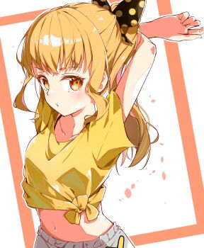 Rule 34 | 1girl, arms behind head, arms up, blonde hair, bow, comadori09, hair bow, high ponytail, highres, long hair, looking at viewer, midriff, nashinoki remi, navel, orange eyes, polka dot, polka dot bow, ponytail, shine post, shirt, solo, yellow shirt