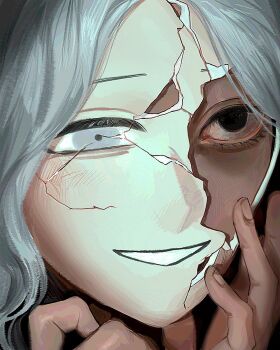 Rule 34 | 1boy, bags under eyes, black eyes, broken mask, close-up, crack, cracked kawaii mask, cracked mask, dungeon meshi, elf, grey hair, hand on own face, highres, leave me nxt, male focus, mask, mismatched eyes, mithrun, mithrun (young), open mouth, pointy ears, revealing layer, short hair, smile, solo