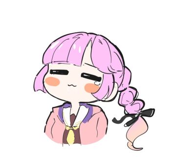 Rule 34 | 1girl, :3, = =, anyoji hime, blush stickers, brown dress, closed eyes, dress, hasu no sora school uniform, hood, hood down, hooded jacket, jacket, link! like! love live!, love live!, multi-tied hair, neckerchief, open clothes, open jacket, pink hair, pink jacket, ponytail, sailor collar, sailor dress, school uniform, simple background, solo, tazaki masanobu, virtual youtuber, white background, white sailor collar, winter uniform, yellow neckerchief