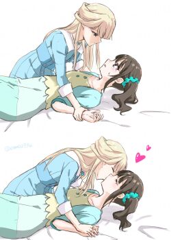 2_heartlight-67 2girls blonde_hair blue_dress blush brown_hair closed_eyes commentary_request dress hair_ornament hair_scrunchie heart highres kiss long_hair multiple_girls nekoyashiki_mayu nekoyashiki_yuki pinned precure scrunchie side_ponytail wonderful_precure! yuri