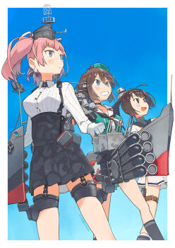 3girls akizuki_(kancolle) atlanta_(kancolle) beret black_hair black_sailor_collar black_skirt blue_background blue_eyes breasts brown_hair camouflage collared_shirt dress_shirt earrings feet_out_of_frame garrison_cap gloves green_shirt grey_eyes hat headgear high-waist_skirt highres jewelry kantai_collection kusakabe_(kusakabeworks) large_breasts looking_up machinery maya_(kancolle) maya_kai_ni_(kancolle) mini_hat multiple_girls partially_fingerless_gloves pleated_skirt ponytail sailor_collar shirt single_earring skirt sleeveless sleeveless_shirt star_(symbol) star_earrings suspender_skirt suspenders two_side_up white_gloves white_sailor_collar white_shirt white_skirt