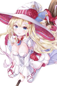 Rule 34 | 1girl, battle spirits, blonde hair, blue eyes, blush, breasts, broom, broom riding, cleavage, closed mouth, commentary request, dress, flower, from above, hair ornament, hand jewel, hat, hat flower, haundo b, highres, large breasts, long hair, long sleeves, looking at viewer, rei ooba, solo, thighhighs, tongue, tongue out, very long hair, white background, white dress, witch, witch hat