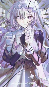 1girl absurdres apron black_dress black_gloves cowboy_shot dress drill_hair expressionless gloves highres hyakumantenbara_salome hyakumantenbara_salome_(4th_costume) interlocked_fingers juliet_sleeves long_hair long_sleeves maid maid_apron maid_headdress nijisanji nun own_hands_together puffy_sleeves purple_eyes purple_hair side_slit single_tear solo sparkling_eyes split_theme straight-on virtual_youtuber wata_(attaka_towel)