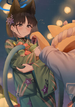 1girl 1other absurdres animal_ear_fluff animal_ears black_choker black_eyes black_hair blue_archive blue_halo blue_kimono cat_ears cat_girl cat_tail choker closed_mouth commentary_request flower food green_kimono hair_flower hair_ornament halo highres holding holding_food japanese_clothes kikyou_(blue_archive) kimono kivotos_dog_citizen_(blue_archive) multiple_tails parted_bangs pizza_(pizzania_company) purple_flower short_hair summer_festival sweatdrop tail two_tails