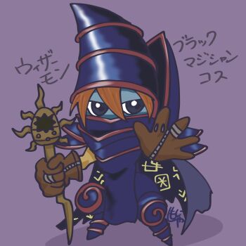 Rule 34 | 1boy, blonde hair, blue skin, chibi, colored skin, cosplay, dark magician, dark magician (cosplay), digimon, digimon (creature), full body, hat, highres, holding, holding staff, looking at viewer, m shamoji, male focus, purple background, purple hat, purple robe, robe, simple background, solo, staff, trait connection, wizarmon, yu-gi-oh!