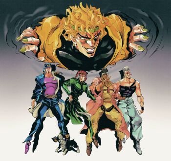 5boys araki_hirohiko_(style) ark_nemesis black_shirt blonde_hair blue_coat blue_hat blue_pants brown_shoes chain clenched_teeth coat commentary dark-skinned_male dark_skin dio_brando dog earrings english_commentary evil_grin evil_smile gakuran gradient_background green_coat green_headband green_nails green_pants grey_background grey_hair grey_headband grey_pants grin hat headband highres iggy_(jojo) jacket jean_pierre_polnareff jewelry jojo_no_kimyou_na_bouken kakyoin_noriaki kuujou_joutarou long_coat male_focus mohammed_avdol multiple_boys muscular muscular_male necklace official_style open_mouth pants peaked_cap pink_coat purple_shirt purple_shoes red_hair school_uniform shirt shoes smile stardust_crusaders teeth yellow_jacket yellow_pants